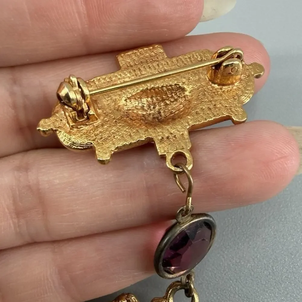 Vintage Purple Faux Gem Brooch Gold Tone Victorian Revival Purple Tassel Dangle